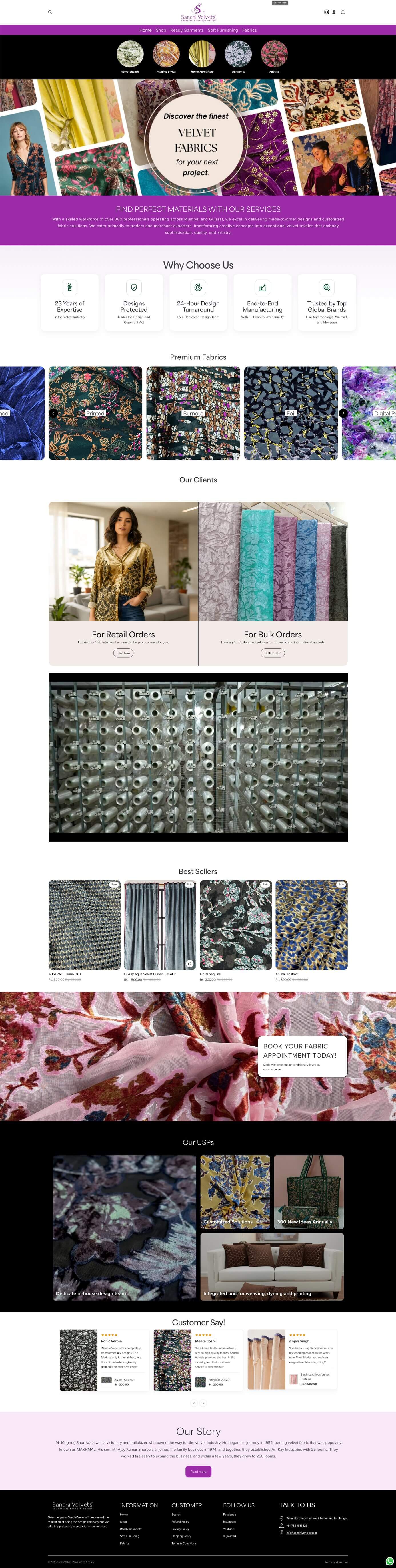 Sanchi Velvets website homepage